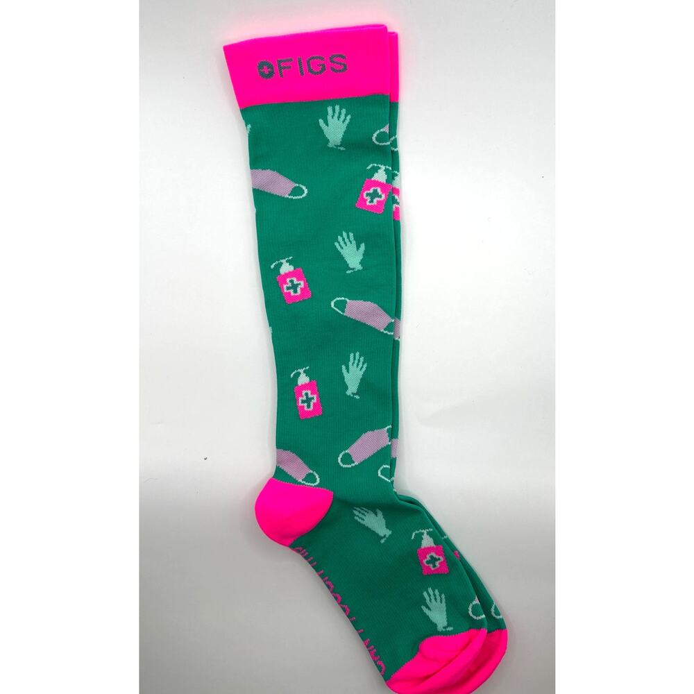 1 Pair FIGS Compression Green & Pink Socks Size Large